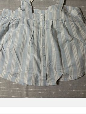Light Blue Striped Button-Up Shirt and short set with Embroidered Hummingbird